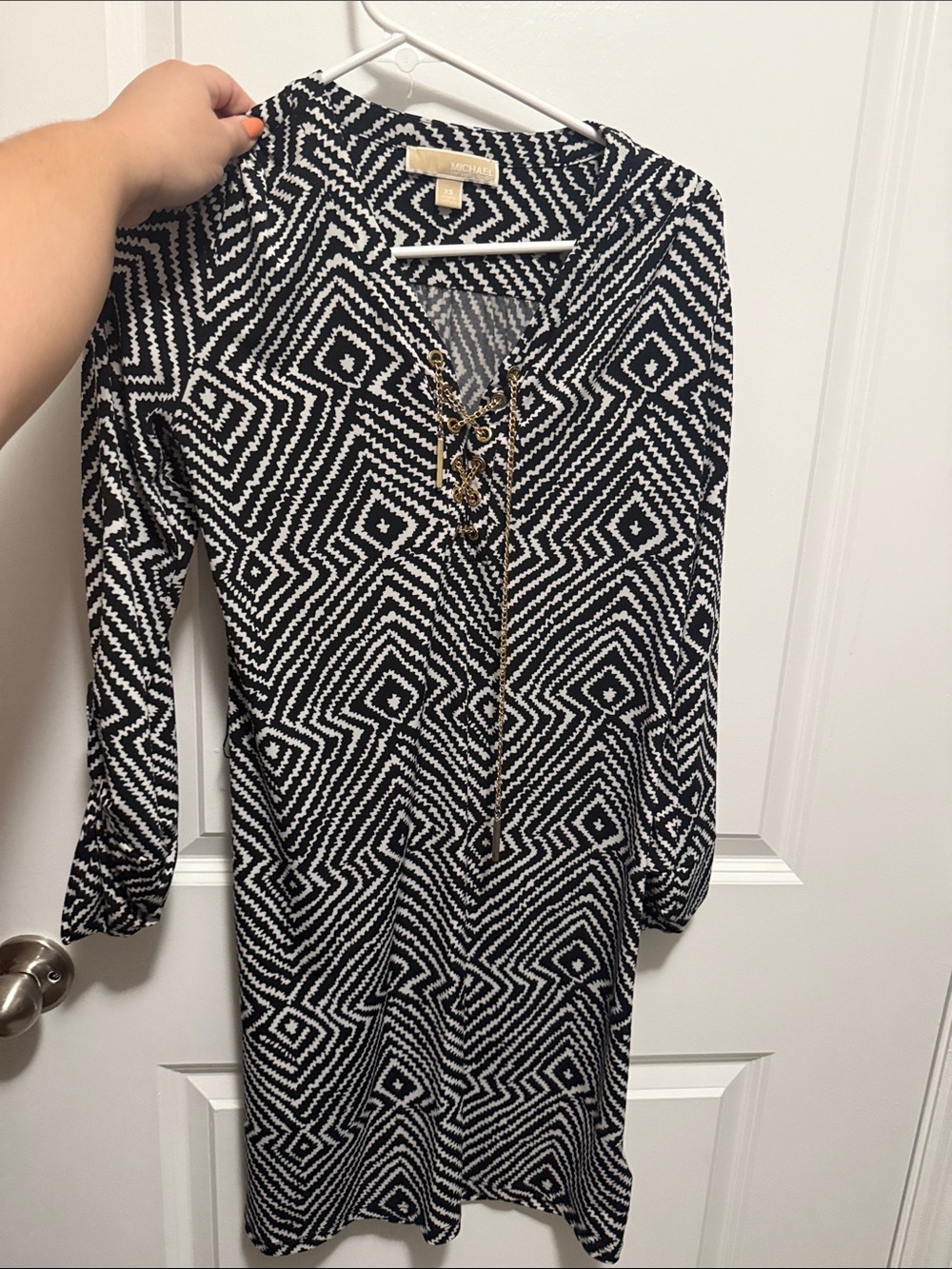Michael Kors Black and White Geometric Lace-Up Midi Dress